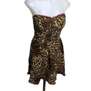 Material Girl Dress Large Strapless Animal Print Front Zip Mini Pink Trim L